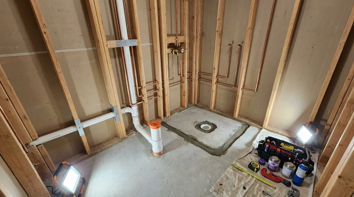 Bathroom rough-in plumbing during remodel by Johns Plumbing LLC in Oakham