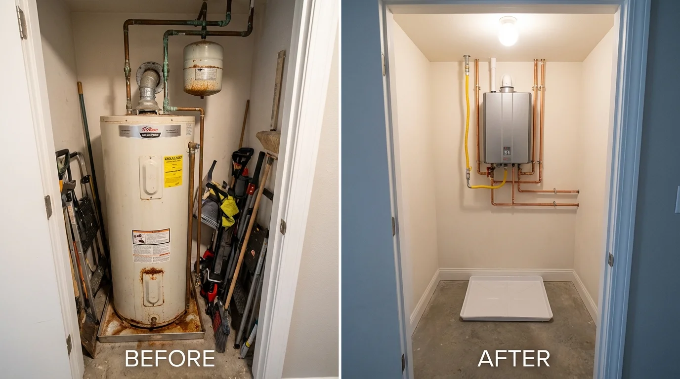 Tank water heater versus wall-mounted tankless unit comparison for Oakham, MA homeowners