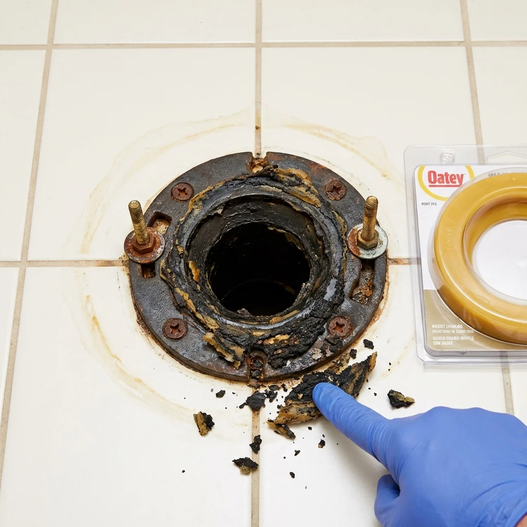 Failed wax ring showing water seepage at the base of a toilet in a Oakham, MA home