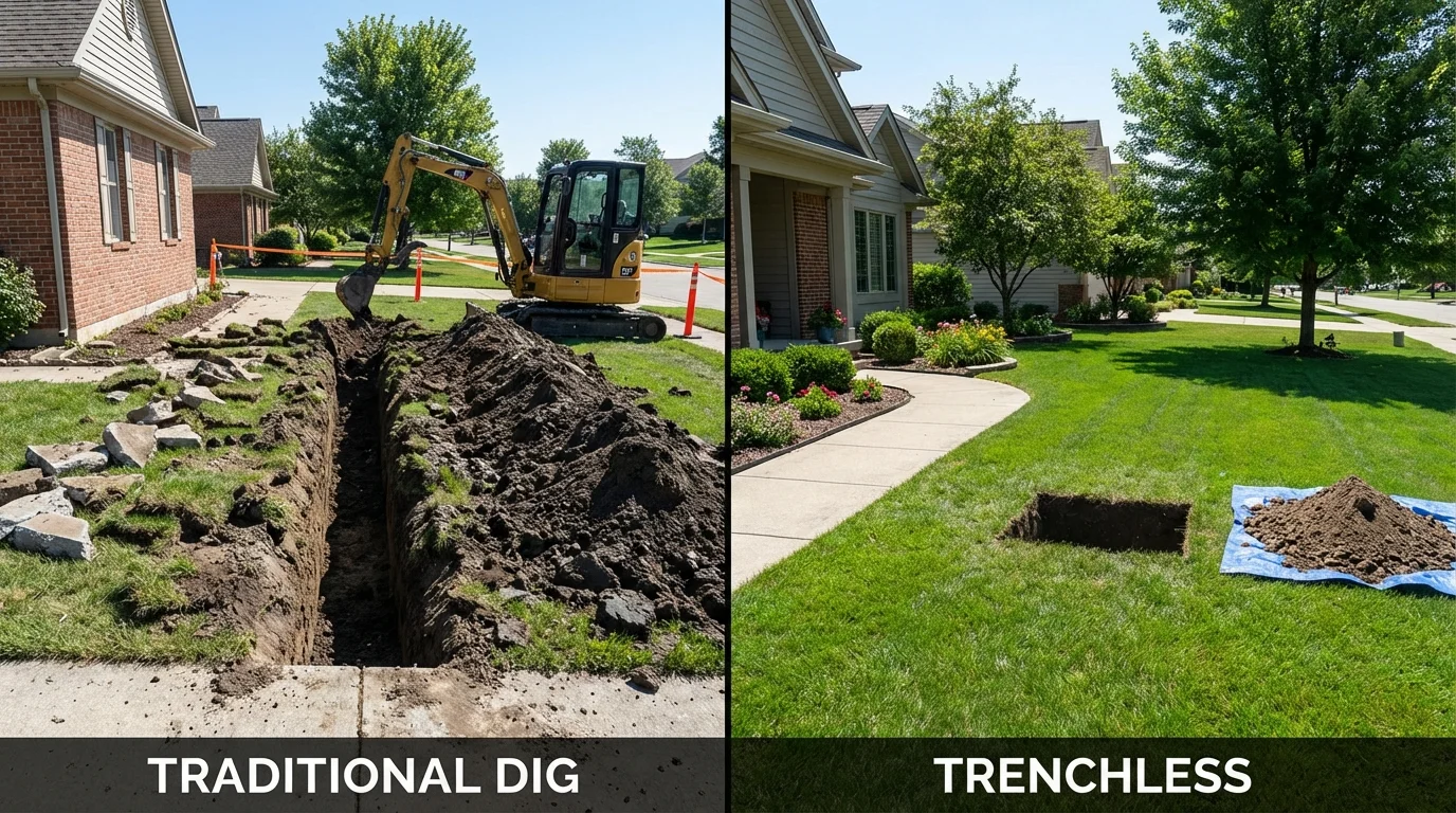 Trenchless sewer repair with minimal yard damage versus traditional excavation in Oakham, MA