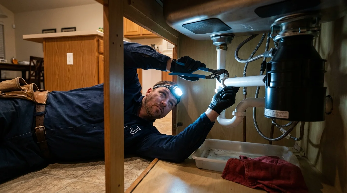 P-trap and supply line connections under a kitchen sink showing a common leak point in Oakham, MA